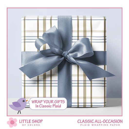 Klassiek Beige en blauw geruite patroon Cadeaupapier