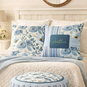 Klassiek Blauw Aquarel Bloem Streep Gepersonalisee Kussen