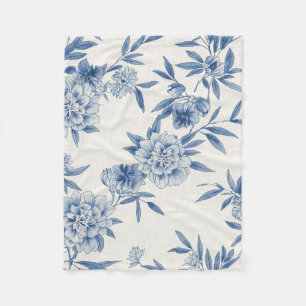 Klassiek Blauw Bloemmotief Toile Waterverfpatroon Fleece Deken