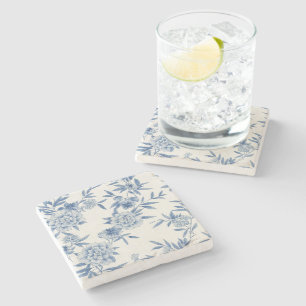 Klassiek Blauw Bloemmotief Toile Waterverfpatroon Stenen Onderzetter