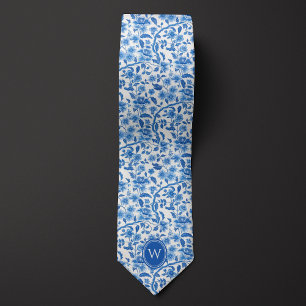 Klassiek Blauw Botanisch Bloemmotief Monogram Stropdas