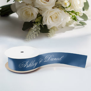 Klassiek Blauw Bruiloft Elegant Script Calligrafie Lint