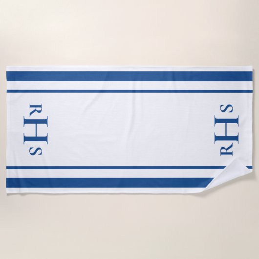 Klassiek blauw en wit gestreept monogram strandlaken (Voorkant)