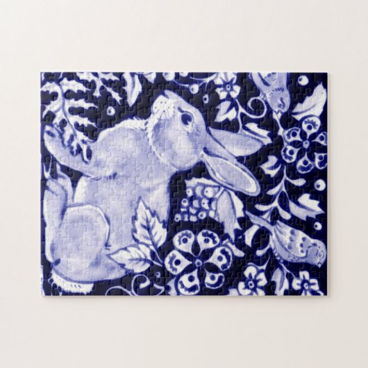 Klassiek blauw en wit konijn en vogeldieren legpuzzel (Horizontaal)