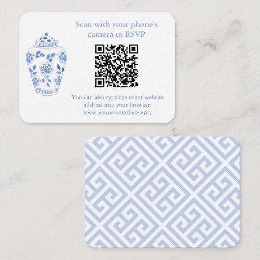 Klassiek blauw en wit QR Code Vrijgezellenfeest RS Informatiekaartje (Voorkant / Achterkant)