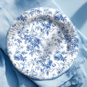 Klassiek Blauw Frans Toile Rozen Bloemmotief Papie Papieren Bordje