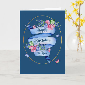 Klassiek blauw geboortedaglint met bloemen en Lijs Kaart