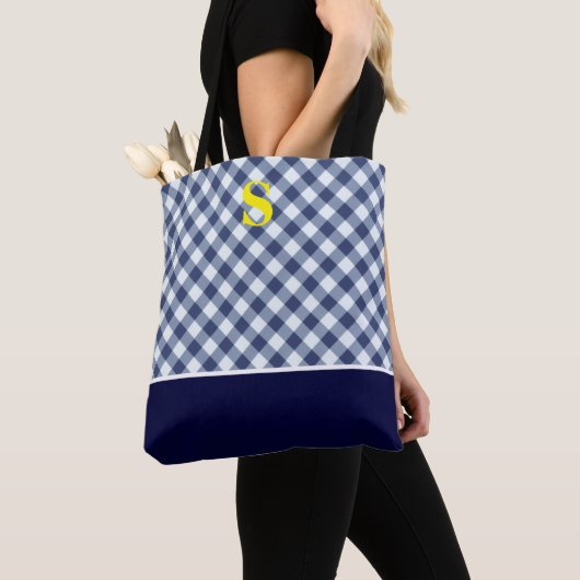 Klassiek blauw Gingham Monogram Draagtas (Dichtbij)