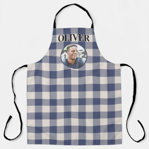 Klassiek Blauw Gingham Plaid Eigen Naam & Foto Schort