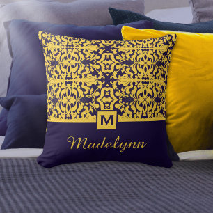 Klassiek blauw goud damast monogram kussen