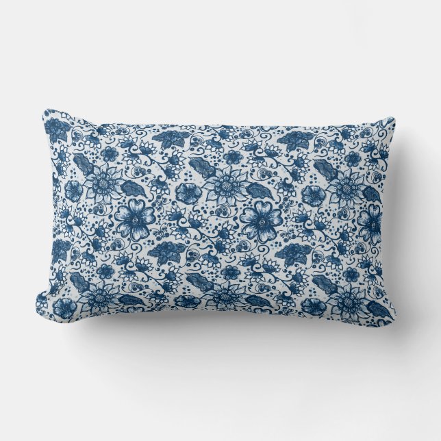 Klassiek blauw | Grote Boho Style Floral Kussen (Voorkant)