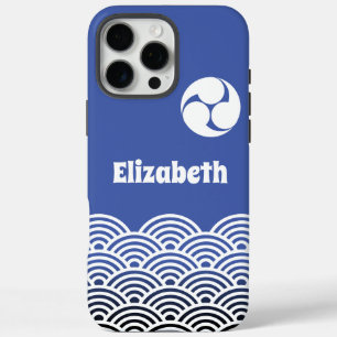 Klassiek Blauw Japans Golfpatroon met Uw Naam iPhone 16 Pro Max Hoesje