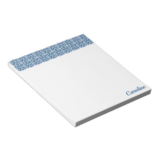 Klassiek blauw met wit haakpatroon notitieblok (Schuin)