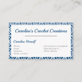 Klassiek blauw met wit haakpatroon visitekaartje