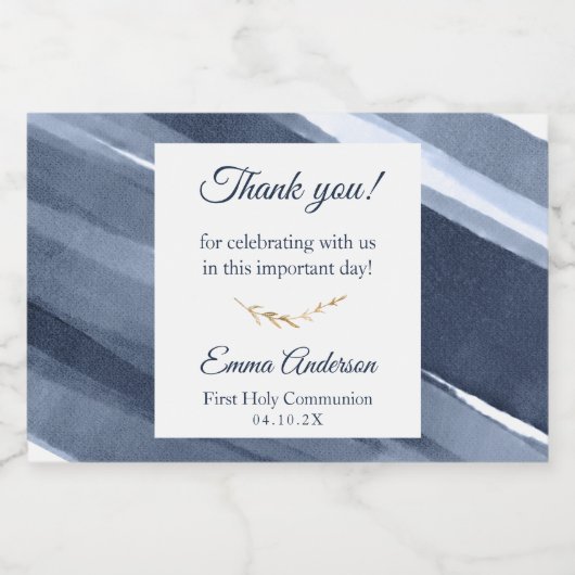 Klassiek blauw moderne 1e Communie, Doop gunsten Sparkling Wijnetiket (Enkel label)