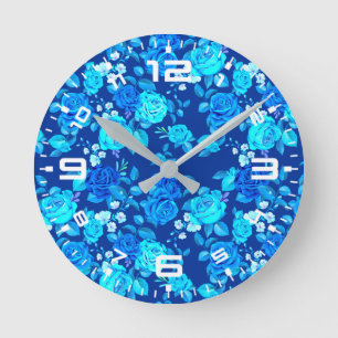 Klassiek Blauw Rozen Bloemen Patroon-87600 Ronde Klok