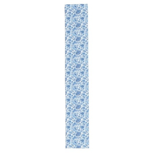Klassiek Blauw Toile Bloemen Patroon Lange Tafelloper (Voorkant)