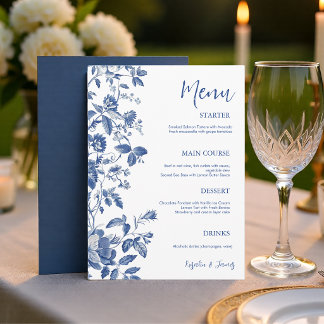 Klassiek Blauw Toile Botanisch Trouw Dinner Menu