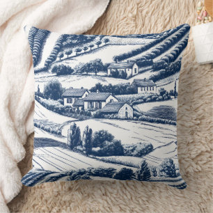 Klassiek Blauw Toile Landelijk Landschap Vintage Kussen