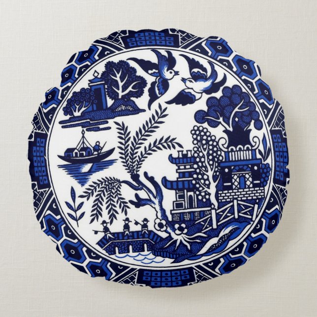Klassiek blauw Willow China Design Rond Kussen (Voorkant)