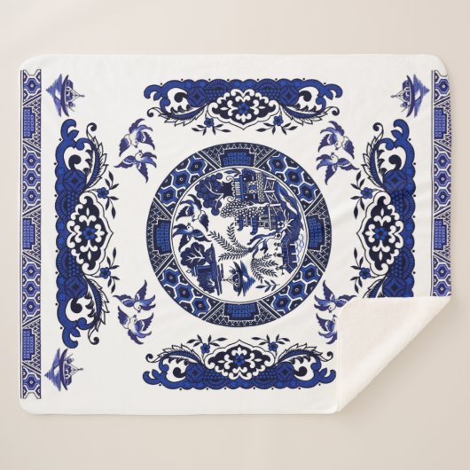 Klassiek blauw Willow China Design Sherpa Deken (Voorkant (horizontaal))
