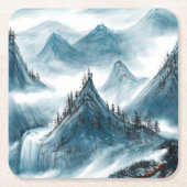 Klassiek blauw wit Chinoiserie berglandschap Vierkante Kartonnen Onderzetter (Voorkant)