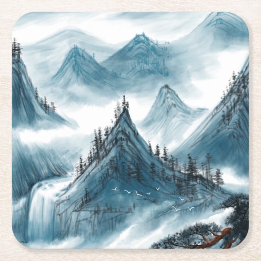 Klassiek blauw wit Chinoiserie berglandschap Vierkante Kartonnen Onderzetter (Voorkant)