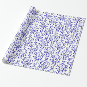 Klassiek blauw/wit Floral Damask Patroon Cadeaupapier