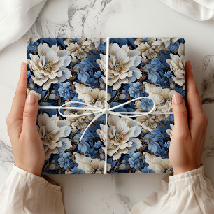 Klassiek Blauw Wit Ivoor Bloem Motief Cadeaupapier