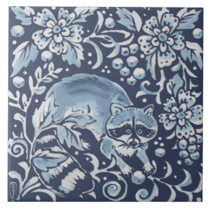 Klassiek blauw Wit Raccoon Bos Tegeltje
