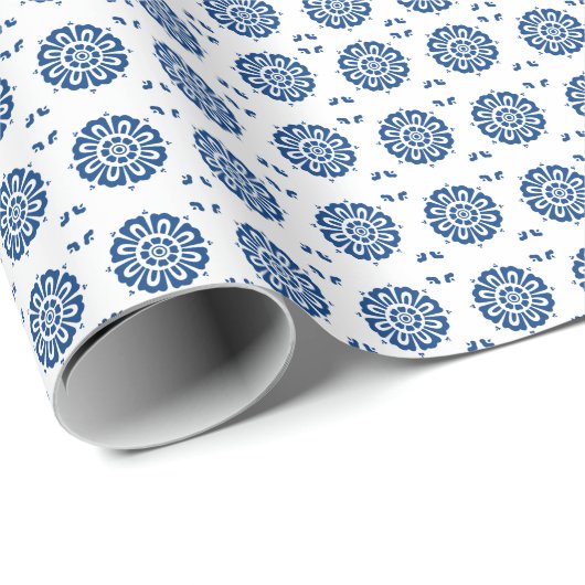 Klassiek blauw wit ventilatorpatroon cadeaupapier (Rol Hoek)