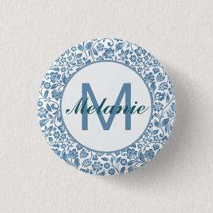 Klassiek Blauw Witte Bloemmotief Persoonlijk Ronde Button 3,2 Cm