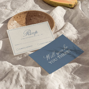 Klassiek blauwe en witte oude geld retro bruiloft RSVP kaartje