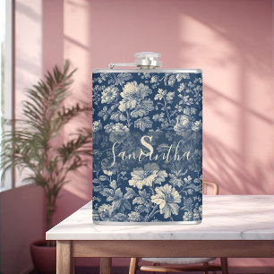 Klassiek blauwe Franse Toile bloeiende bloemen vin Heupfles
