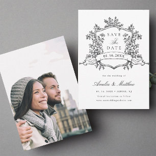Klassiek bloemenkruis Zwart & Wit trouwfoto Save The Date