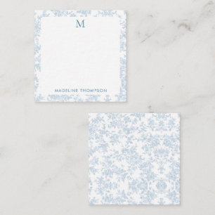 Klassiek botanisch toile monogram blauw vierkant notitiekaartje
