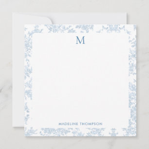 Klassiek botanisch toile monogram blauw vierkant notitiekaartje