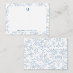 Klassiek botanisch toile monogram Frans blauw Notitiekaartje