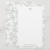 Klassiek botanisch toile monogram saliegroen briefpapier (Voorkant / Achterkant)