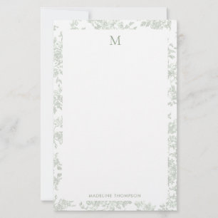 Klassiek botanisch toile monogram saliegroen briefpapier