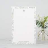 Klassiek botanisch toile monogram saliegroen briefpapier (Staand voorkant)