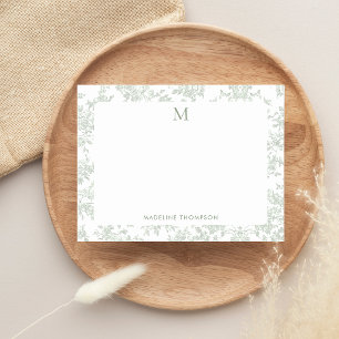 Klassiek botanisch toile monogram saliegroen notitiekaartje