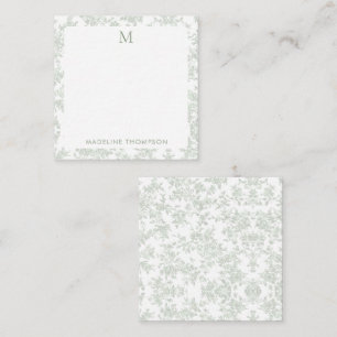 Klassiek botanisch toile monogram saliegroen vierk notitiekaartje