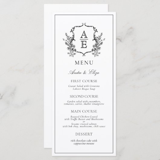 Klassiek Botanische Bloemen Monogram Crest Menu (Voorkant / Achterkant)