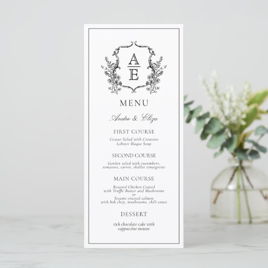 Klassiek Botanische Bloemen Monogram Crest Menu (Staand voorkant)