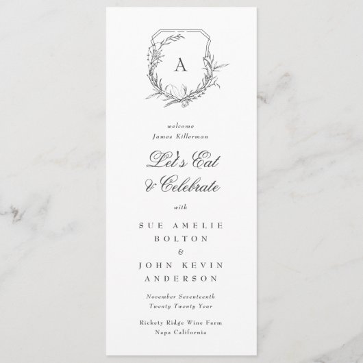 Klassiek  botanische kuif monogram bruiloft menu (Achterkant)