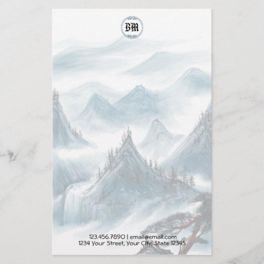 Klassiek briefpapier met blauwe berglandschap en w (Voorkant)