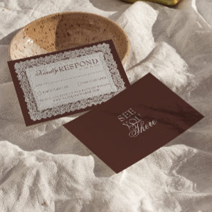 Klassiek Chocoladebruin Kantwerk Oud Geld Huwelijk RSVP Kaartje