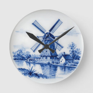 Klassiek Delfts Blauw Windmolen Gracht Scene Ronde Klok