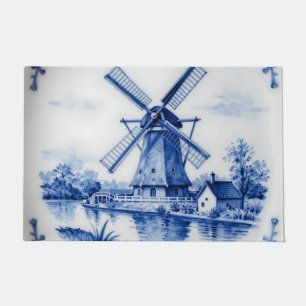 Klassiek Delfts Blauwe Molen Gracht Scene Deurmat